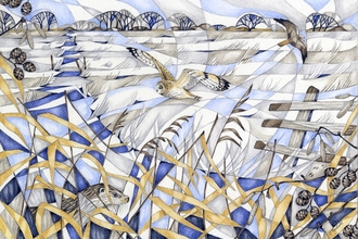 A pencil drawing with wintery colours of blue, gold and grey, depicting a wild, windy landscape with reeds, birds of prey, and an otter.