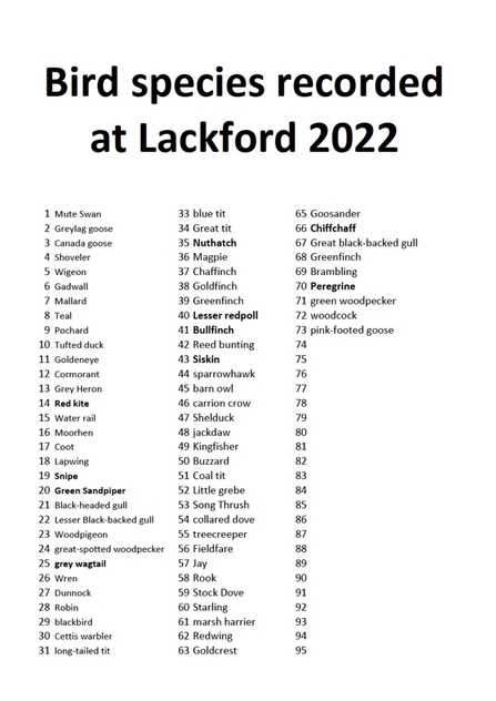 Bird list 2022 up until 3rd February 2022 Lackford Lakes