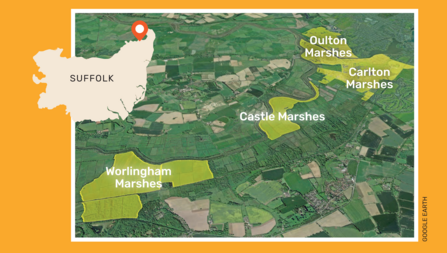 A map illustrating the location of Worlingham Marshes in Suffolk, and an aerial photo illustrating the location in relation to Suffolk Wildlife Trust's other nature reserves along the Waveney Valley.