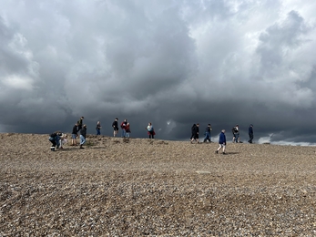 A group of people walking on a stone beach litter picking with dramatic clouds