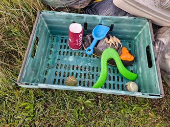 Litter at Trimley marshes including a plastic boomerang, shoe, and takeaway cup