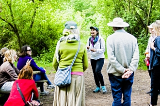 A group of people in a woodland talking and laughing