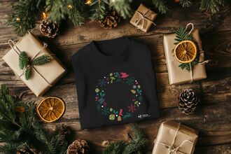 A folded jumper featuring a Christmas design amongst brown paper-wrapped presents