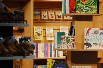 Shop shelves filled with books, puzzles and toys 