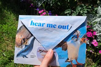 Hand holding an envelope decorated with marine animals