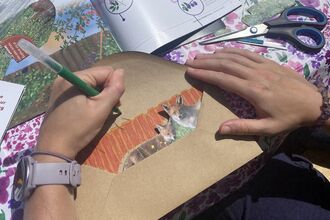 Hands drawing on an envelope decorated with wildlife