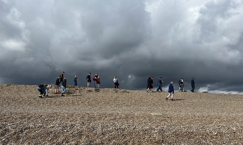 A group of people walking on a stone beach litter picking with dramatic clouds
