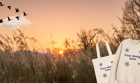 Winter sunset with jumper and tote bag in foreground