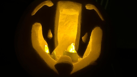 Halloween pumpkin shaped as a badger with lights inside