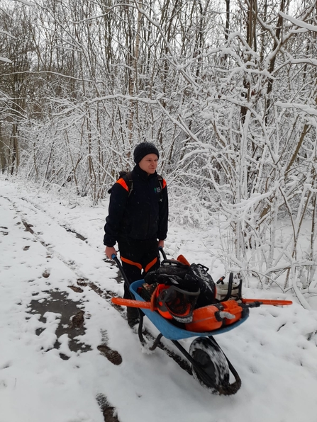Alex Lack with the new wheelbarrow at Bradfield Woods - Giles Cawston