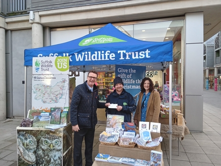 Andrew Hassell, arc centre manager, handing over the £350 cheque from our One Great Day event to Shaun at Suffolk Wildlife Trust 
