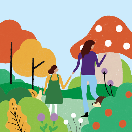 Illustration of a colourful, abstract landscape with a pale blue sky. In the foreground of the image are hedges, flowers, a hedgehog, and a snail. Slightly further from the foreground are two people; a mother and child holding hands. In the background are trees and an oversized mushroom.