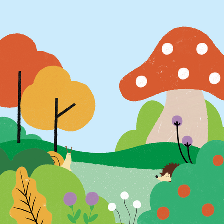 Illustration of a colourful, abstract landscape with a pale blue sky. In the foreground of the image are hedges, flowers, a hedgehog, and a snail. In the background are trees and an oversized mushroom.