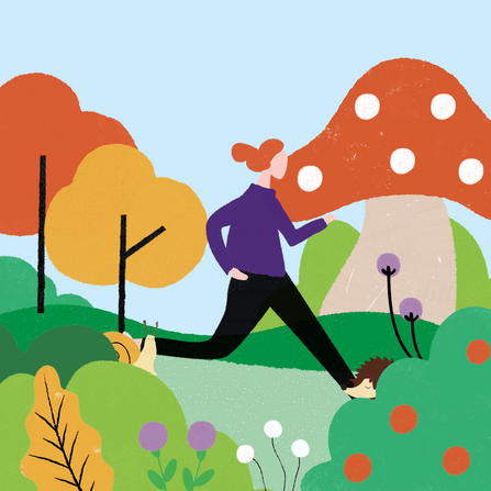 Illustration of a colourful, abstract landscape with a pale blue sky. In the foreground of the image are hedges, flowers, a hedgehog, and a snail. Slightly further from the foreground is a character wearing a purple jumper with red hair tied up in a bun, running towards the right-hand side of the image. In the background are trees and an oversized mushroom.