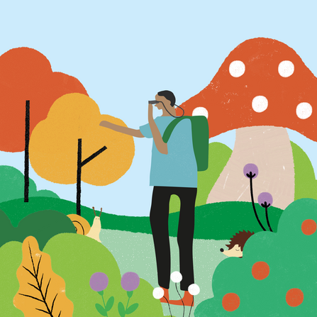 Illustration of a colourful, abstract landscape with a pale blue sky. In the foreground of the image are hedges, flowers, a hedgehog, and a snail. Slightly further from the foreground is a character wearing a turquoise t-shirt with short black hair, looking through some binoculars and pointing into the distance. In the background are trees and an oversized mushroom.