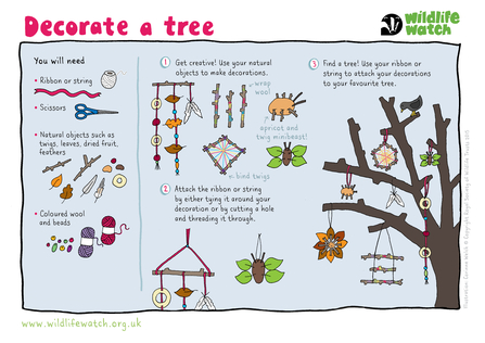 An illustration with ideas on how to decorate a tree with natural decorations