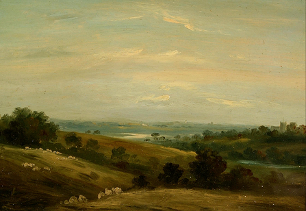 A 19th century oil painting looking at rolling hills in Martlesham towards the River Deben