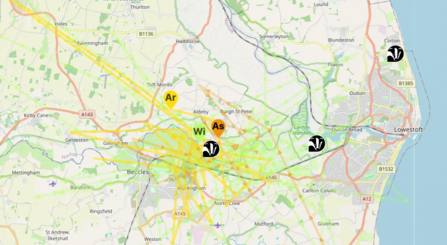 A map showing cuckoo movements near Suffolk Wildlife Trust Reserves in north Suffolk