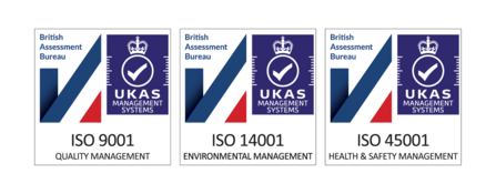 ISO Accreditation badges for Quality Management, Environmental Management, and Health and Safety 