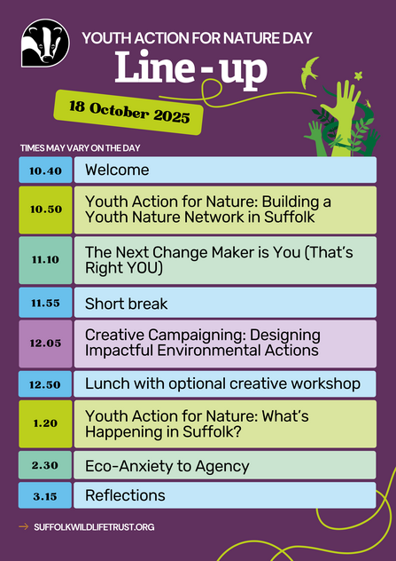 A poster detailing the line-up of talks at Youth Action for Nature Day