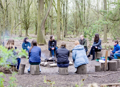 Youth Board members sitting in log circle in woodland, having a meeting